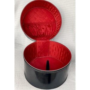 ✨ VINTAGE BLACK LEATHER WIG HAT CASE | RED LINING | SILVER HANDLE C. 1930s ✨